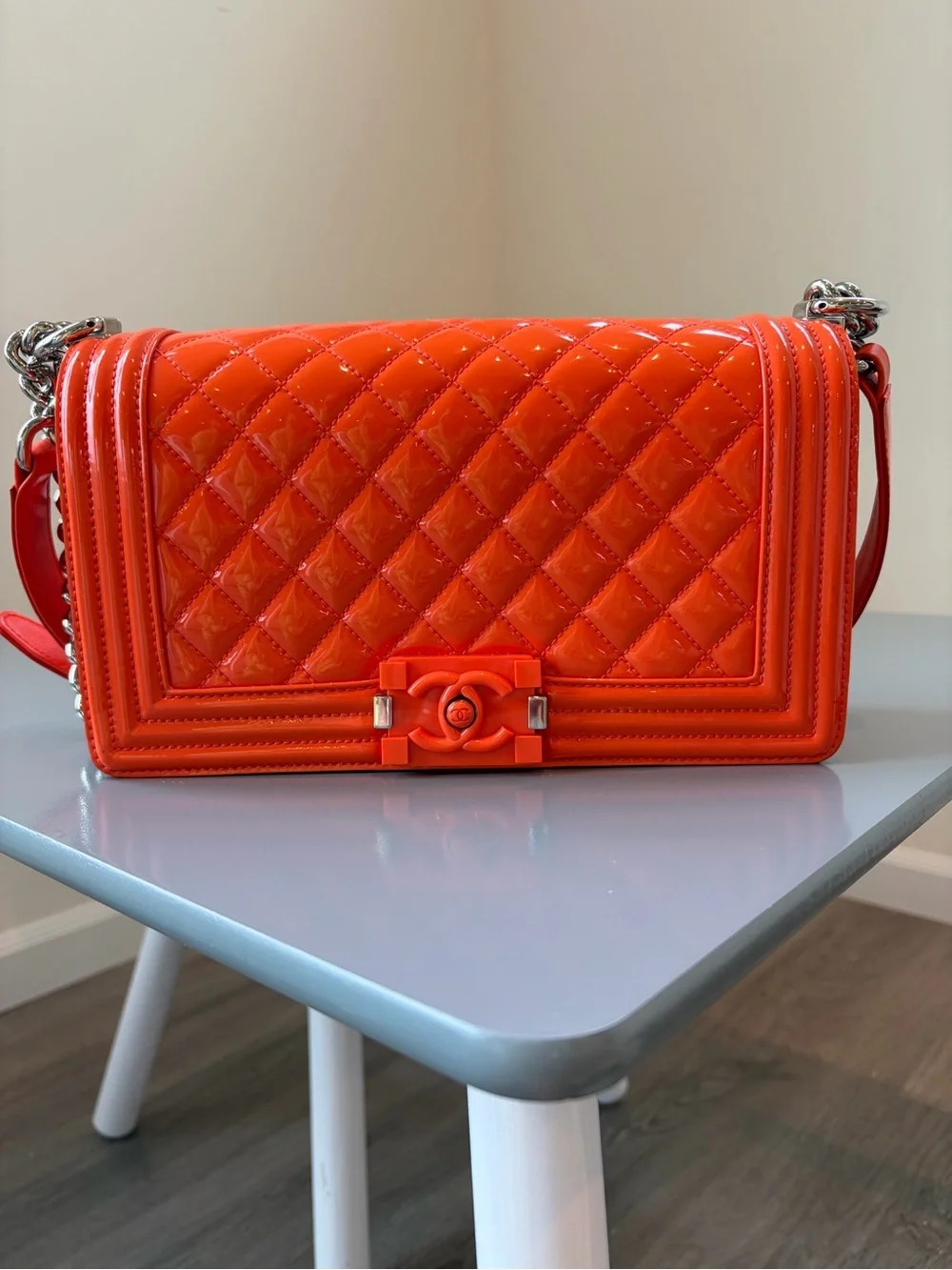 CHANEL Orange Quilted Patent Leather Crossbody Boy Bag
